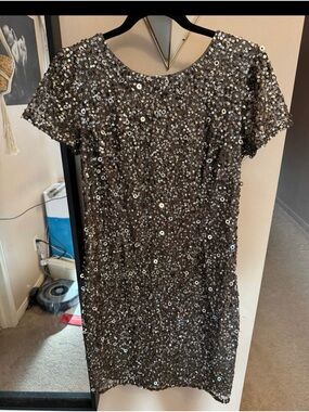 Adrianna Papell Short Sleeve Sequin Mini Dress - Silver